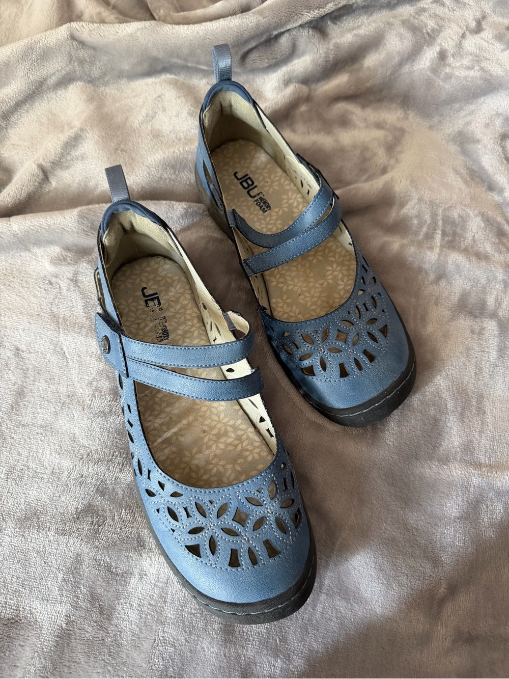 JBU Blue Laser-Cut Mary Jane Sandals